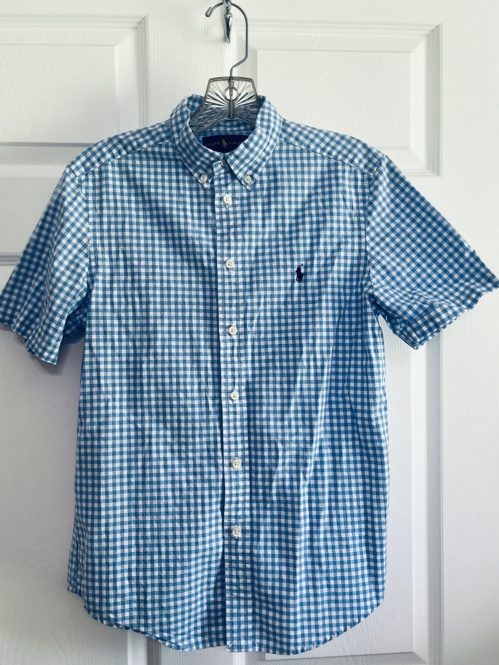 Ralph Lauren Blue Gingham Short-Sleeve Button-Down Shirt-young men’s L